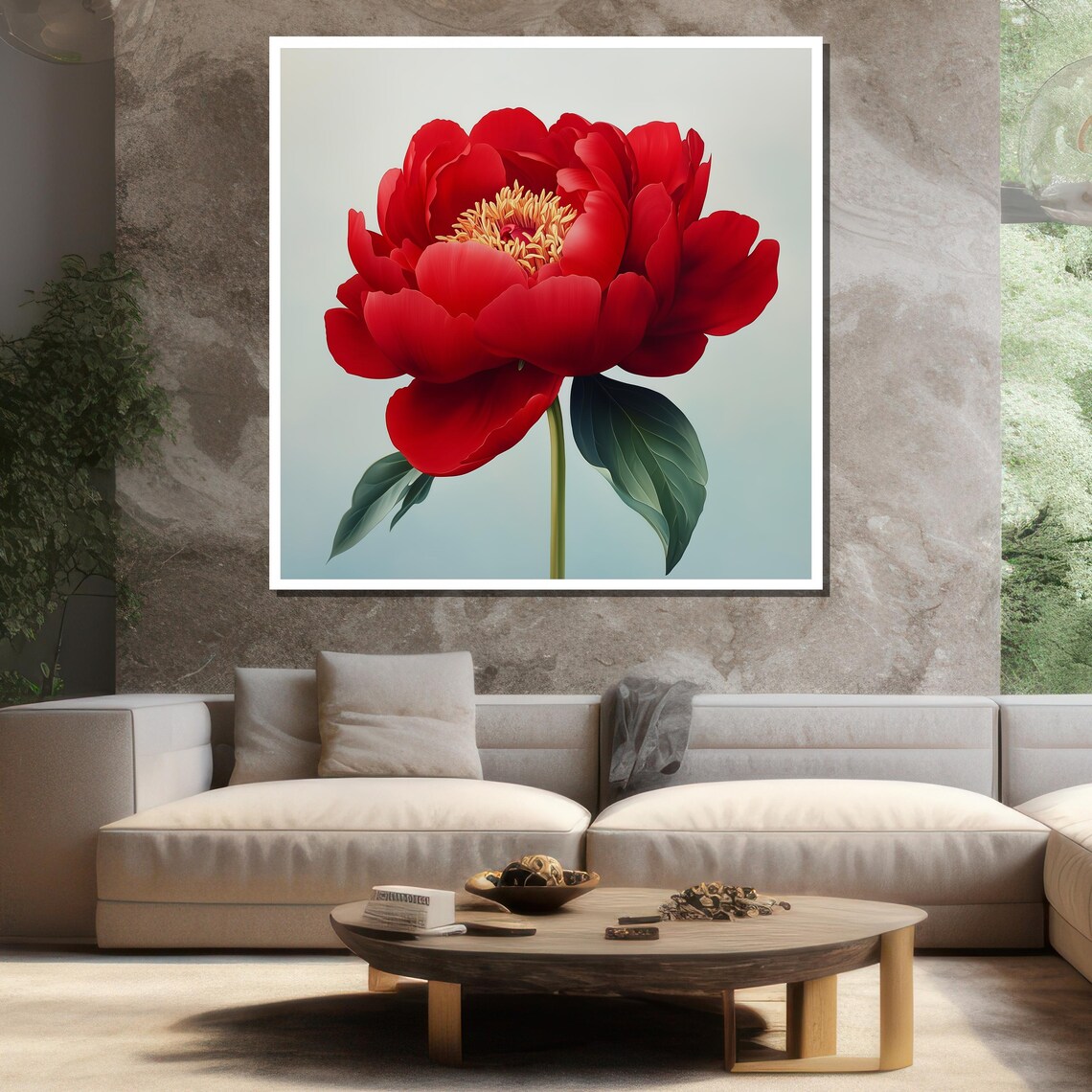Large Red Peony Flower On Pale Background Botanical Wall Art Poster - Image 3
