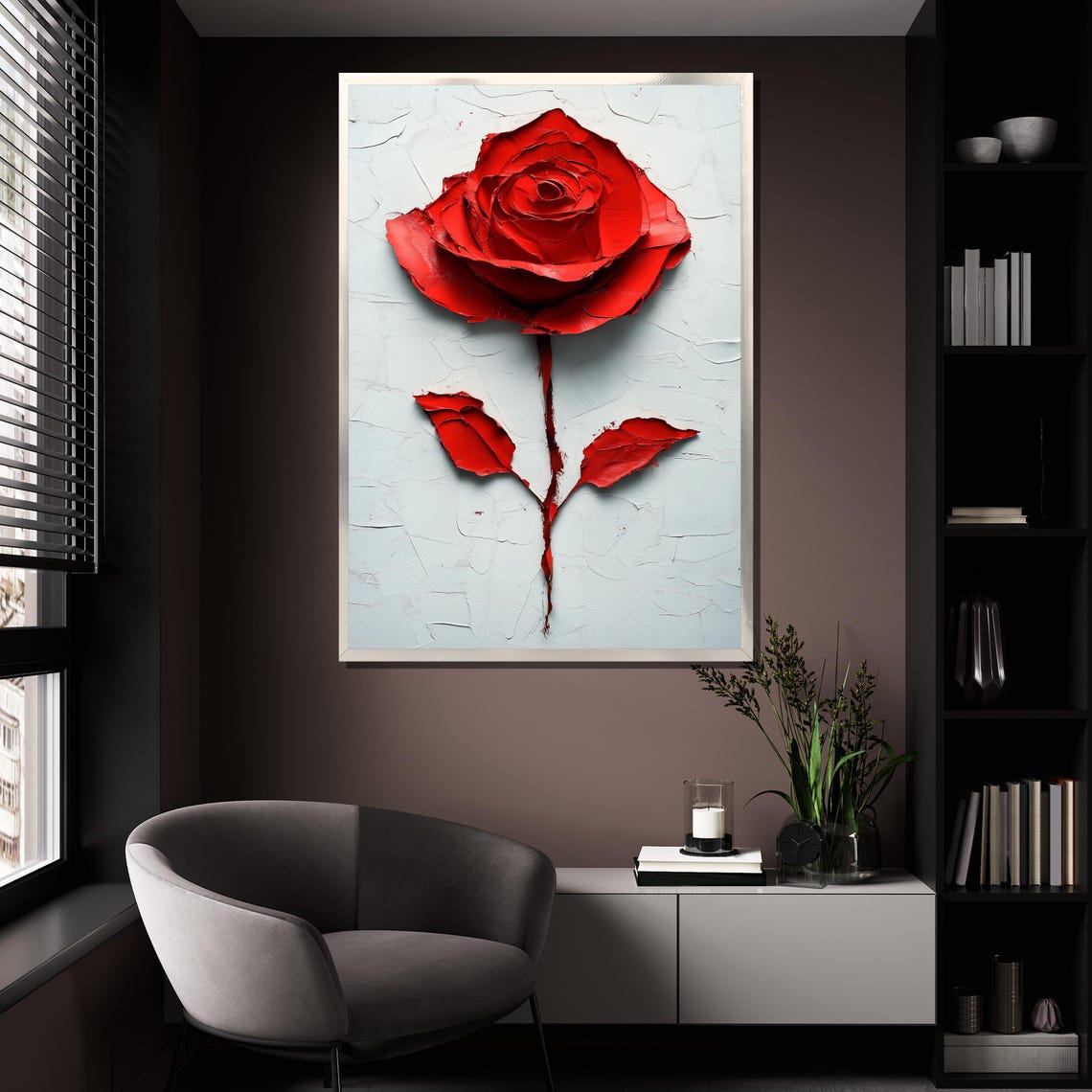 Red Rose Textured Impasto Single Bloom Bold Floral Painting Wall Art - Image 4