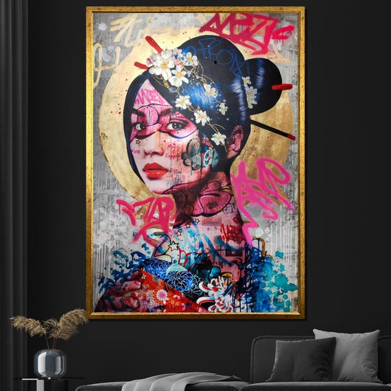 Graffiti Geisha Painting Modern Street Art Inspired Wall Decor Bold And Colorful Artwork Unique Gift For Home