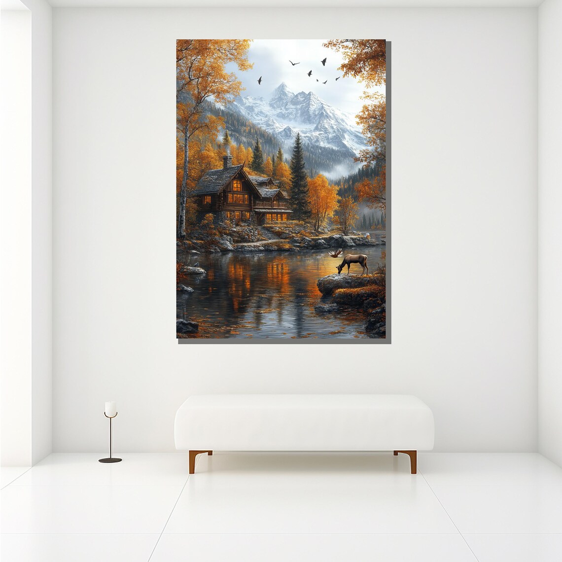 Mountain Lake Cabin At Autumn With Moose Wildlife Scenic Art Poster - Image 2