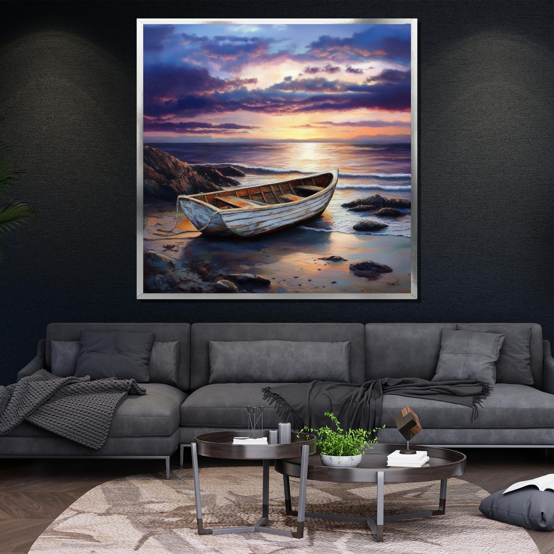 Weathered Rowboat Rocky Shore Purple Sunset Serene Ocean Poster - Image 4