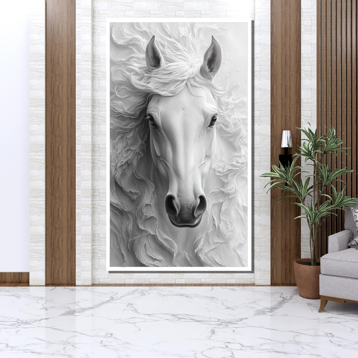 White Horse Elegant Monochrome Flowing Mane Equine Portrait Wall Art - Image 3