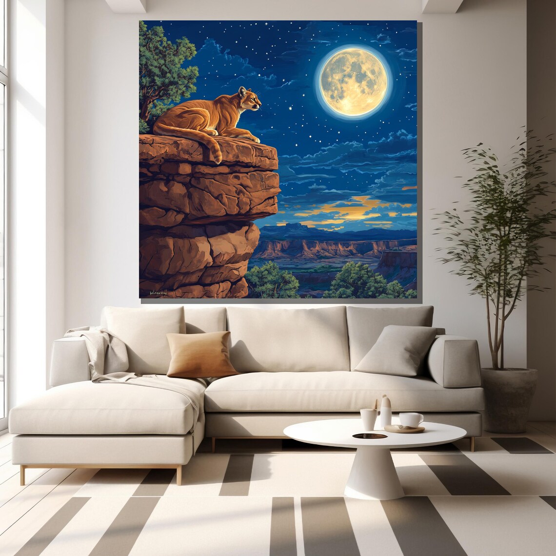 Puma Full Moon Red Rock Canyon Night Majestic Mountain Lion Wall Art - Image 2