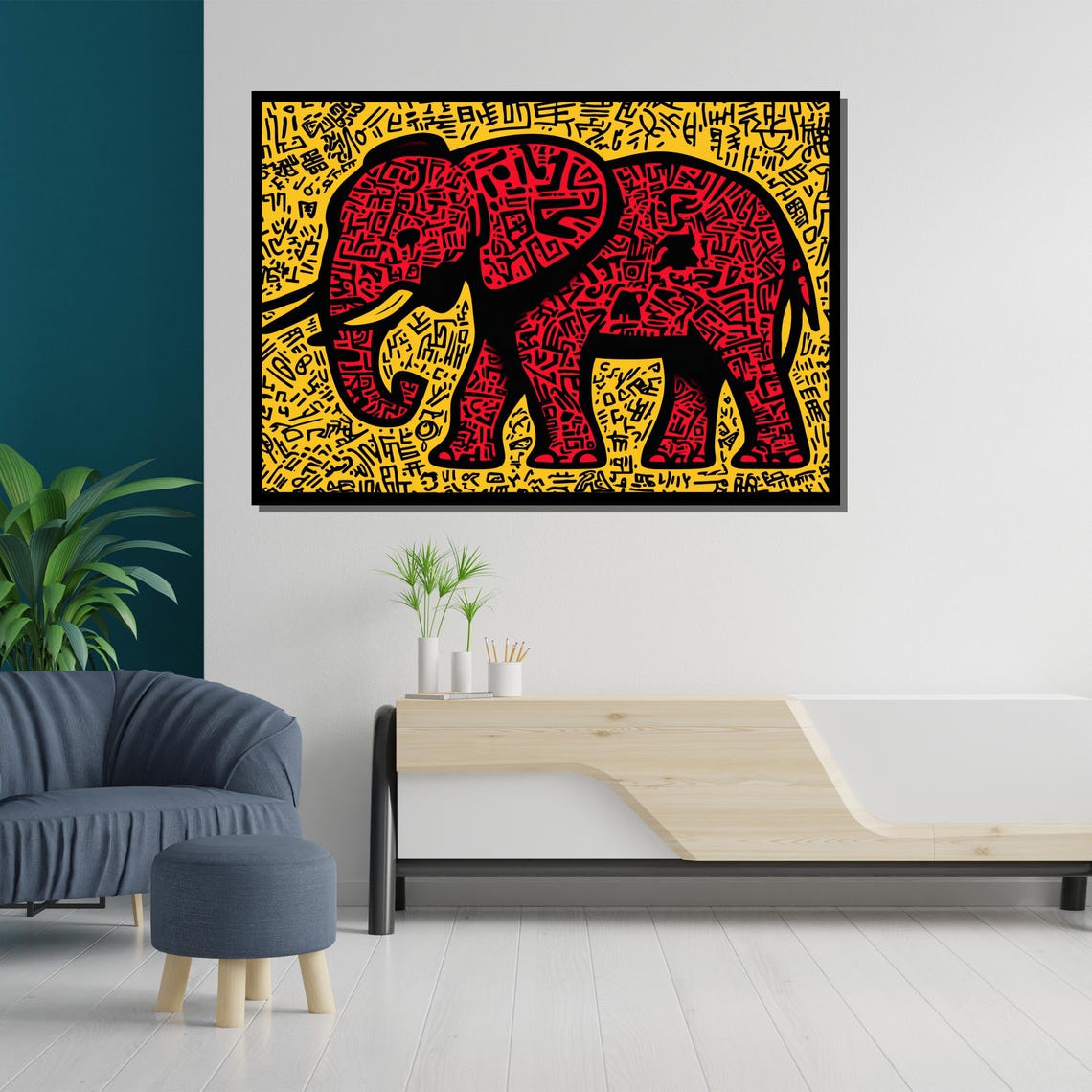 Abstract Elephant Painting Bold Red And Yellow Wall Art Modern Animal Artwork Unique Gift For Home Or Office - Image 5