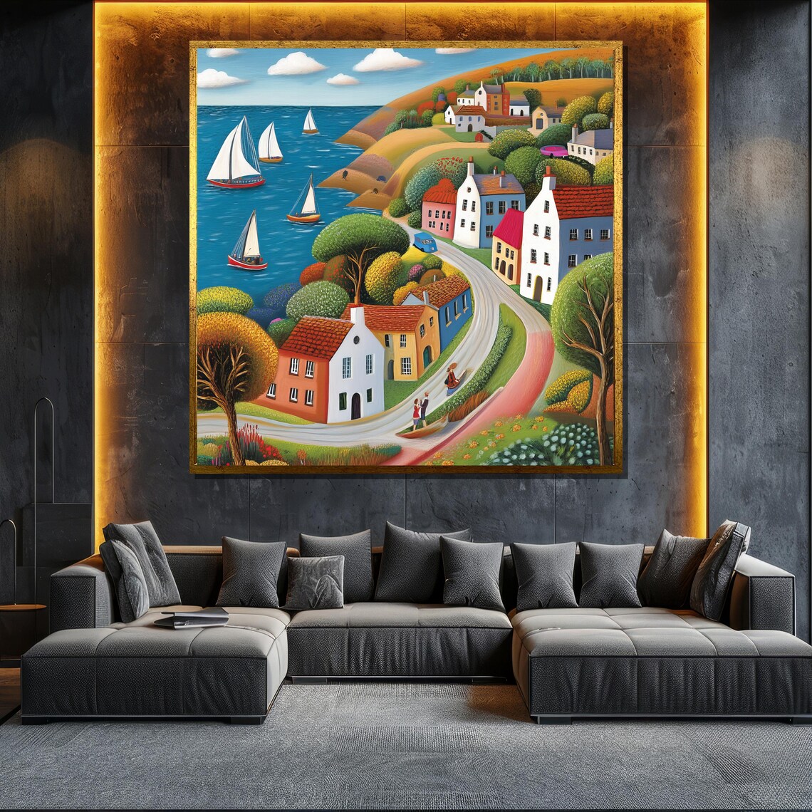 Colorful Coastal Village Sailboats Winding Road Naive Style Poster