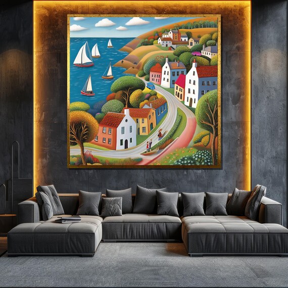 Coastal Village Painting Colorful Houses And Sailboats Wall Art Nautical Landscape Gift For Home Decor
