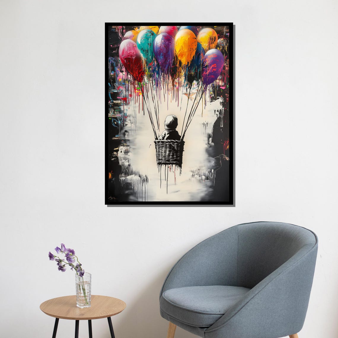 Child Basket Floating Colorful Dripping Balloons Whimsical Art Poster - Image 5