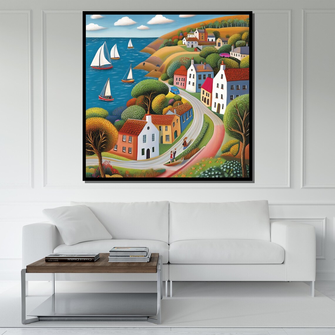 Colorful Coastal Village Sailboats Winding Road Naive Style Poster - Image 5
