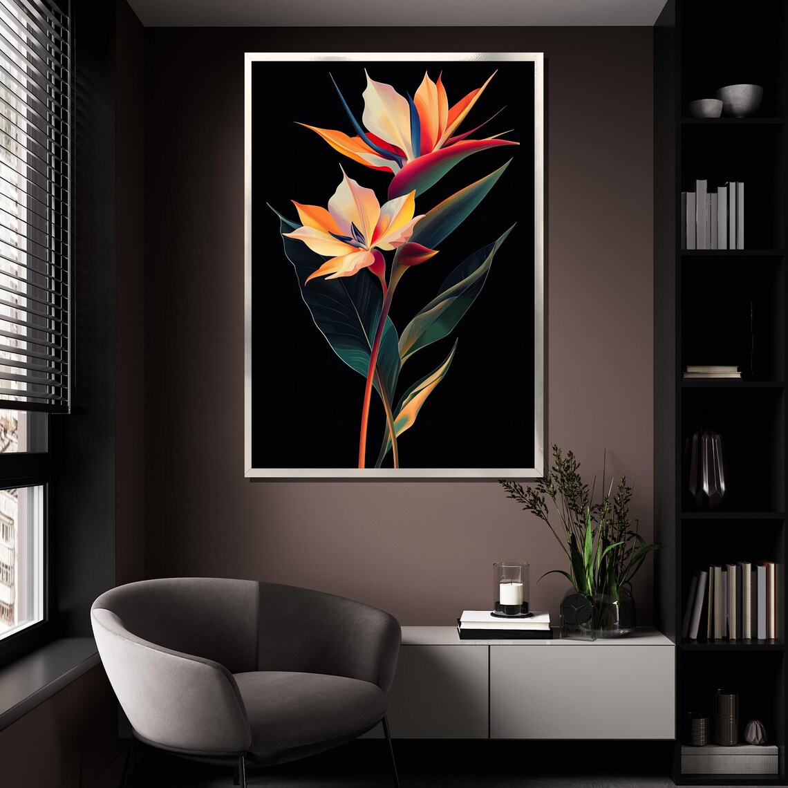 Bird Of Paradise Tropical Flowers On Black Background Art Poster - Image 4
