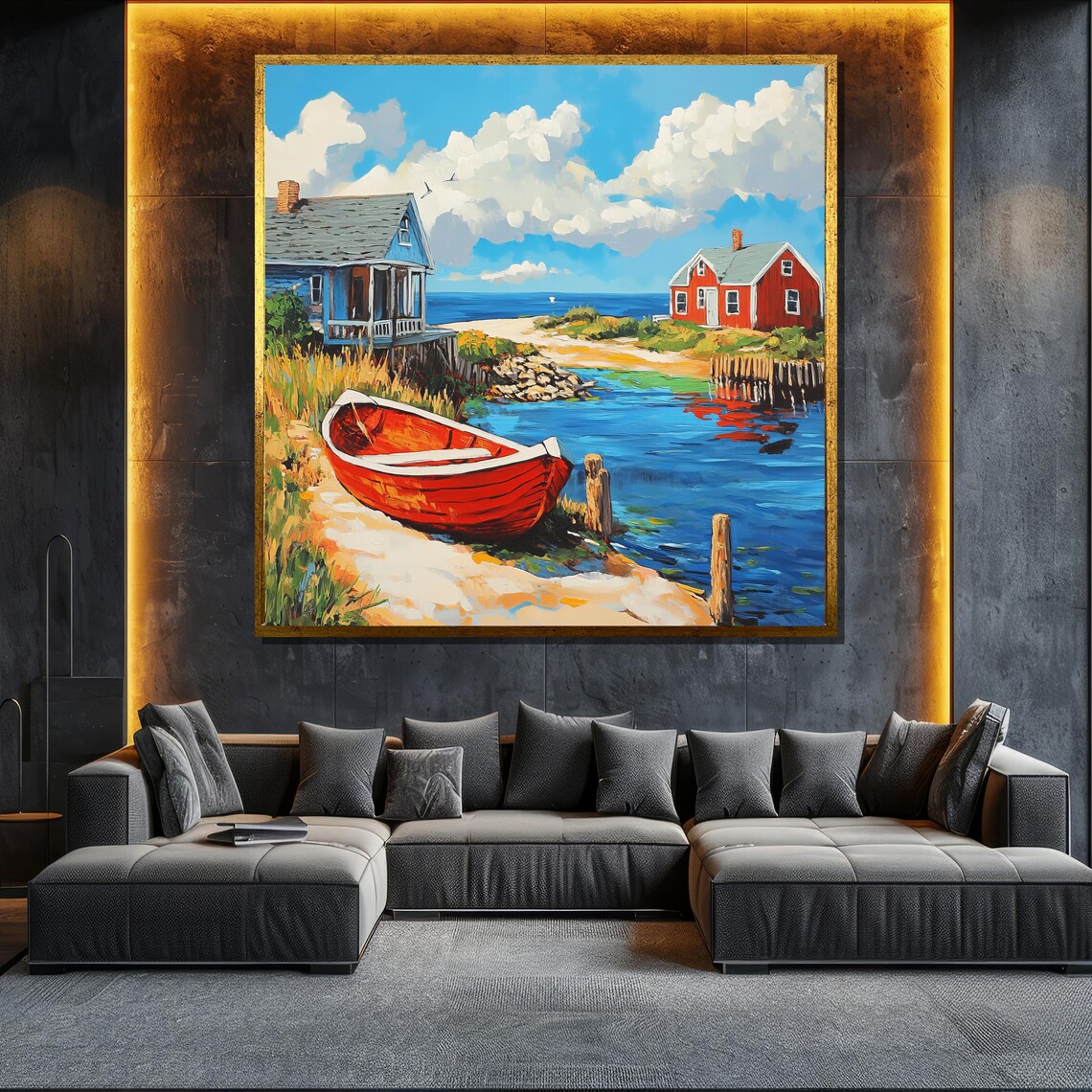 Rustic Coastal Painting Red Boat And Seaside Cottages Wall Art Nautical Landscape Gift For Home Decor