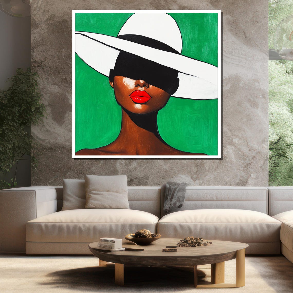 Stylish Woman White Hat Red Lips Green Background Bold Art Wall Poster - Image 3
