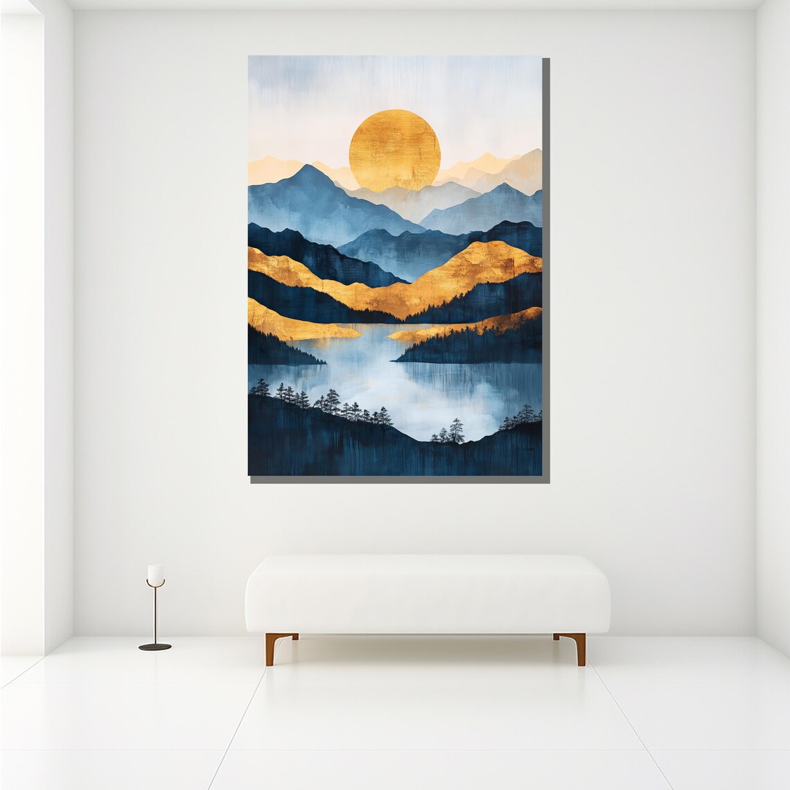 Golden Sun Over Blue Mountain Lake Reflection Minimalist Nature Poster - Image 2