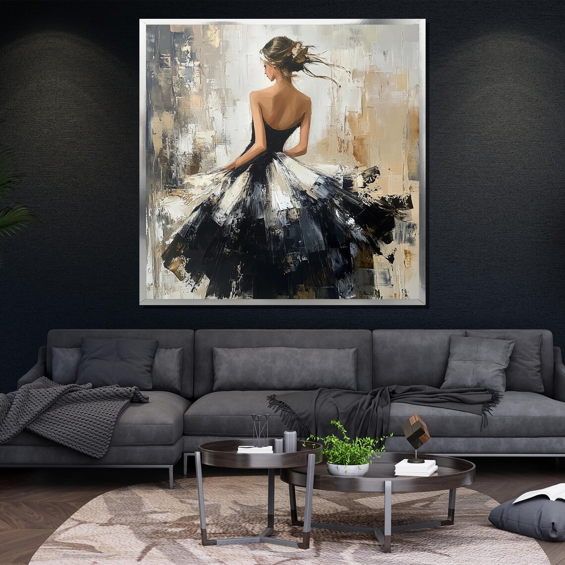 Black White Dress Dancing Woman Abstract Elegant Modern Canvas Wall Art - Image 4