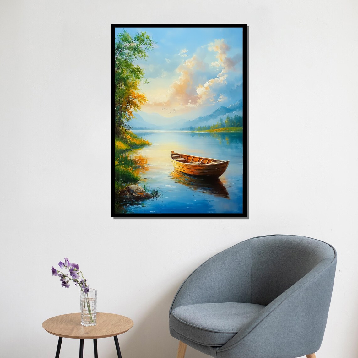Wooden Rowboat Calm Lake Sunset Golden Trees Tranquil Painting Poster - Image 5
