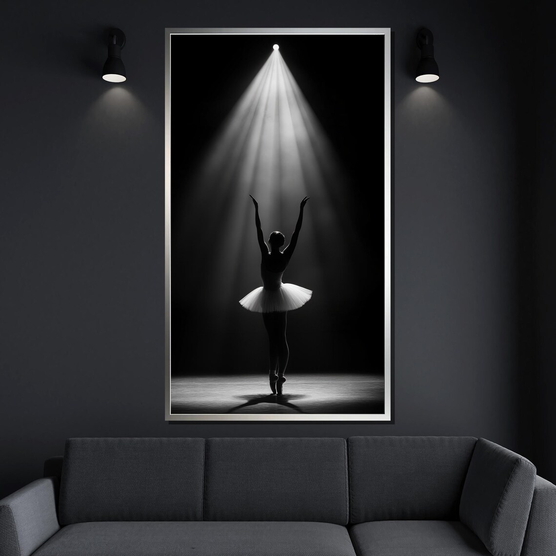 Ballerina Under Spotlight Silhouette Black And White Stage Ballet Poster - Image 4