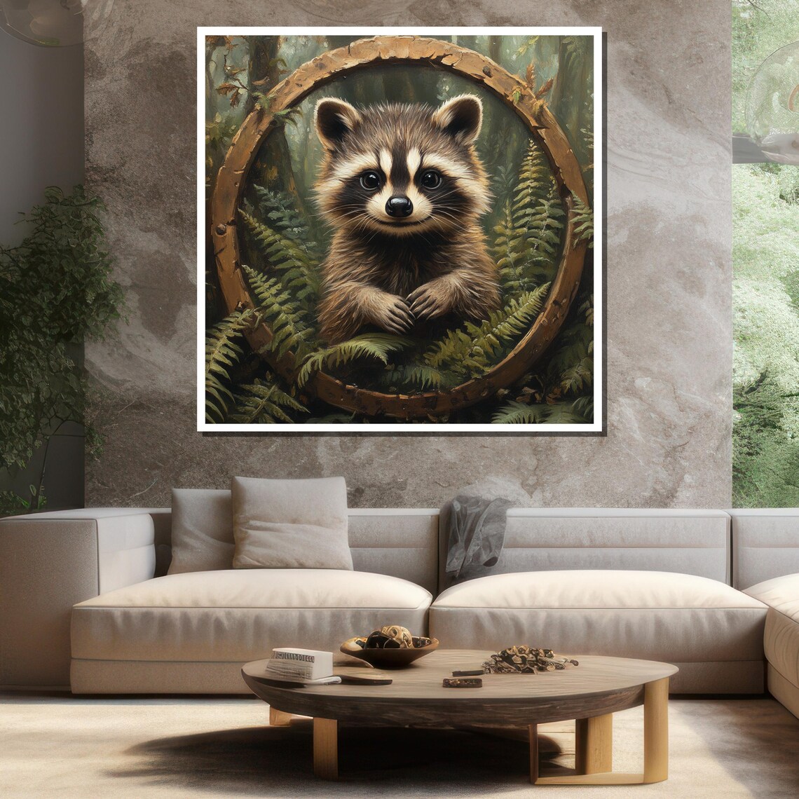 Cute Baby Raccoon Round Wooden Window Painting Whimsical Forest Wildlife Art Poster - Image 3