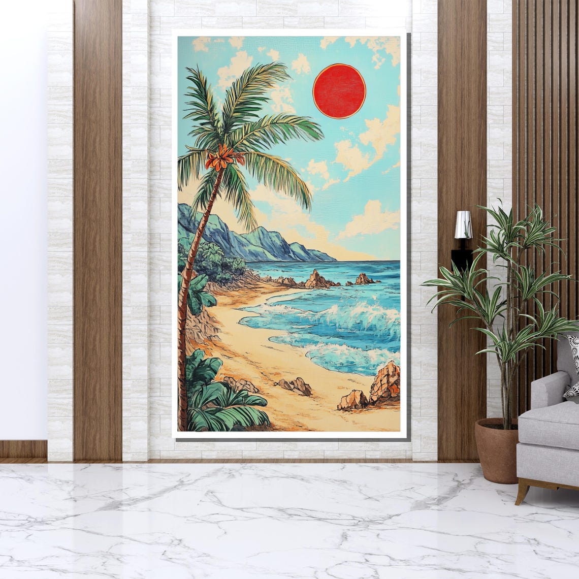 Tropical Beach Palm Tree Red Sun Ocean Waves Retro Travel Poster - Image 3
