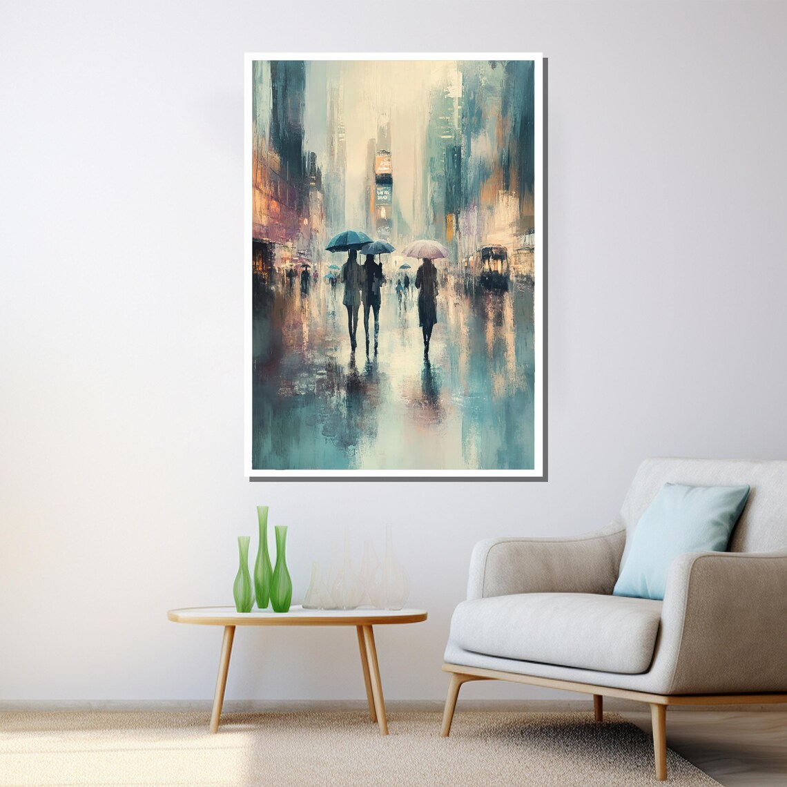 Rainy City Street With Umbrellas Soft Impressionist Urban Art Poster - Image 3