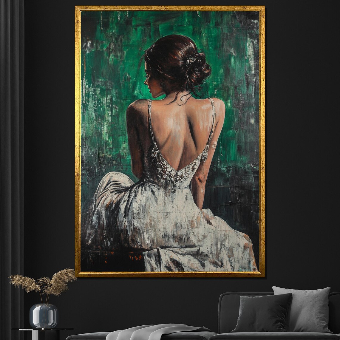 Elegant Woman White Dress Back View Emerald Green Painting Wall Poster