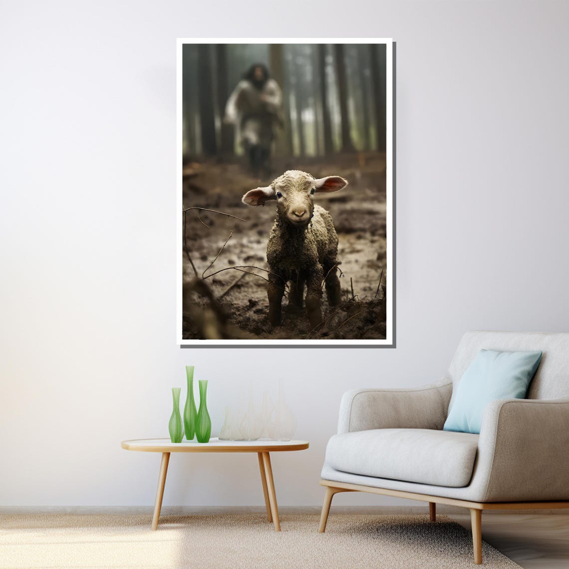 Jesus Rescuing The Lost Lamb In A Misty Forest Religious Art Poster - Image 3