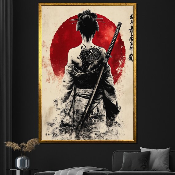 Samurai Woman Japanese Ink Art Red Sun Poster