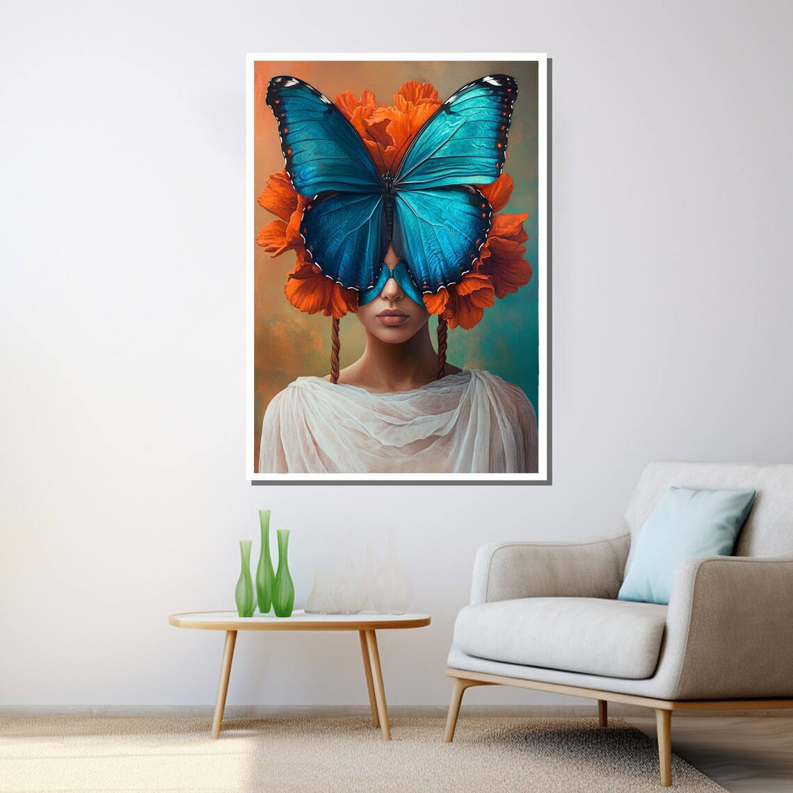 Blue Butterfly Mask Woman Surreal Portrait Orange Flowers Wall Poster - Image 3