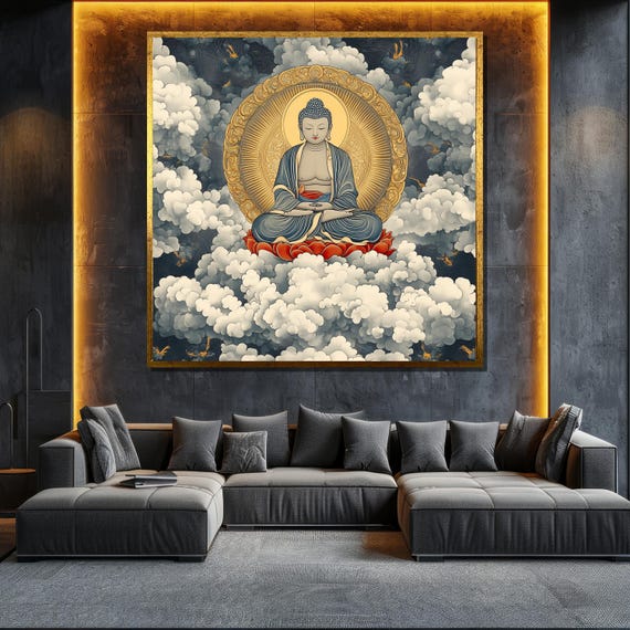 Buddha In Clouds Painting Elegant Spiritual Wall Art For Meditation Room And Peaceful Home Decor