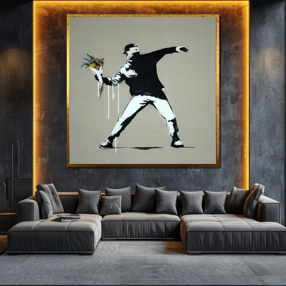 Modern Street Art Painting Bold Black And White Wall Art With Unique Flower Detail Gift Idea