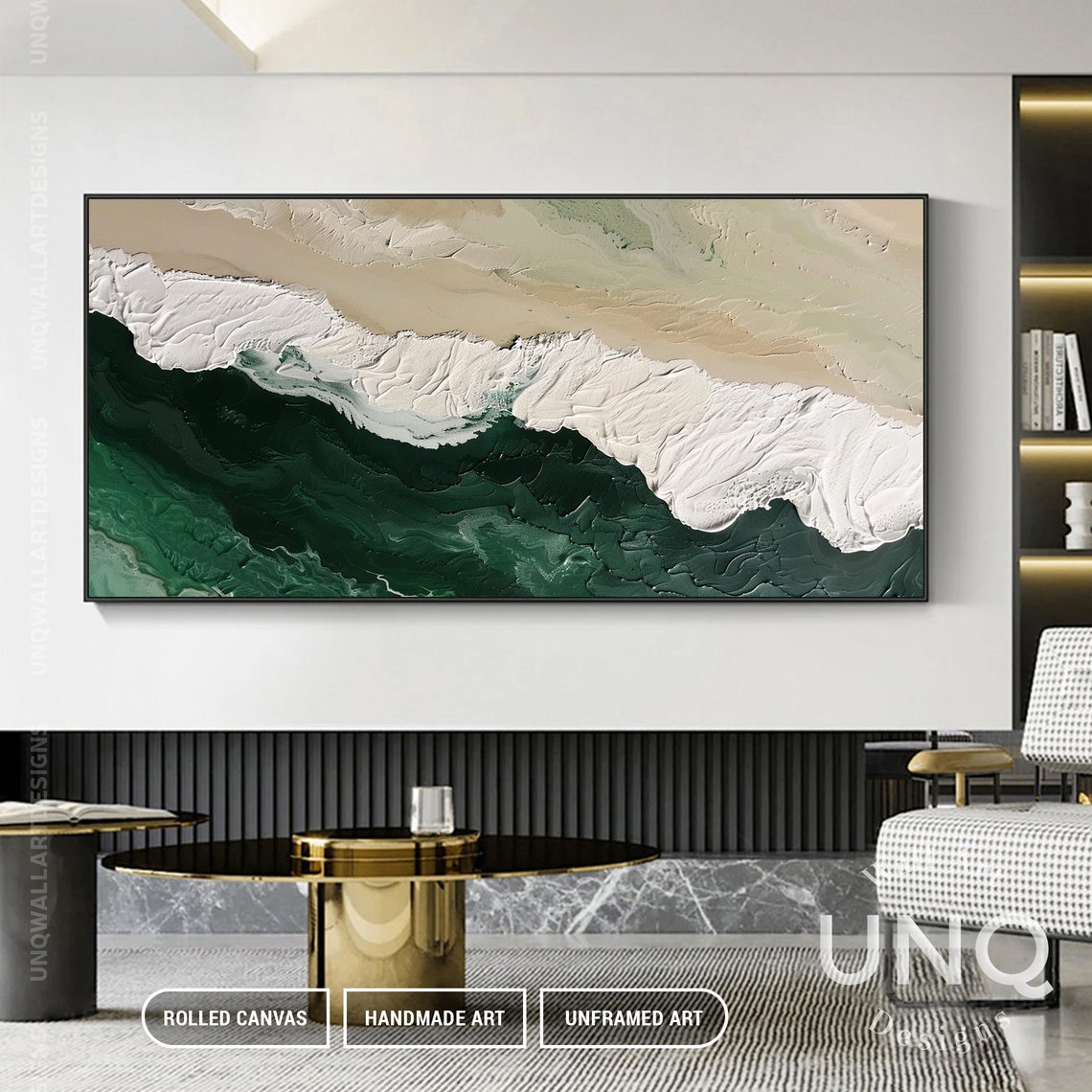 Emerald Green And Beige Abstract Sea Waves Heavy Impasto Art Poster