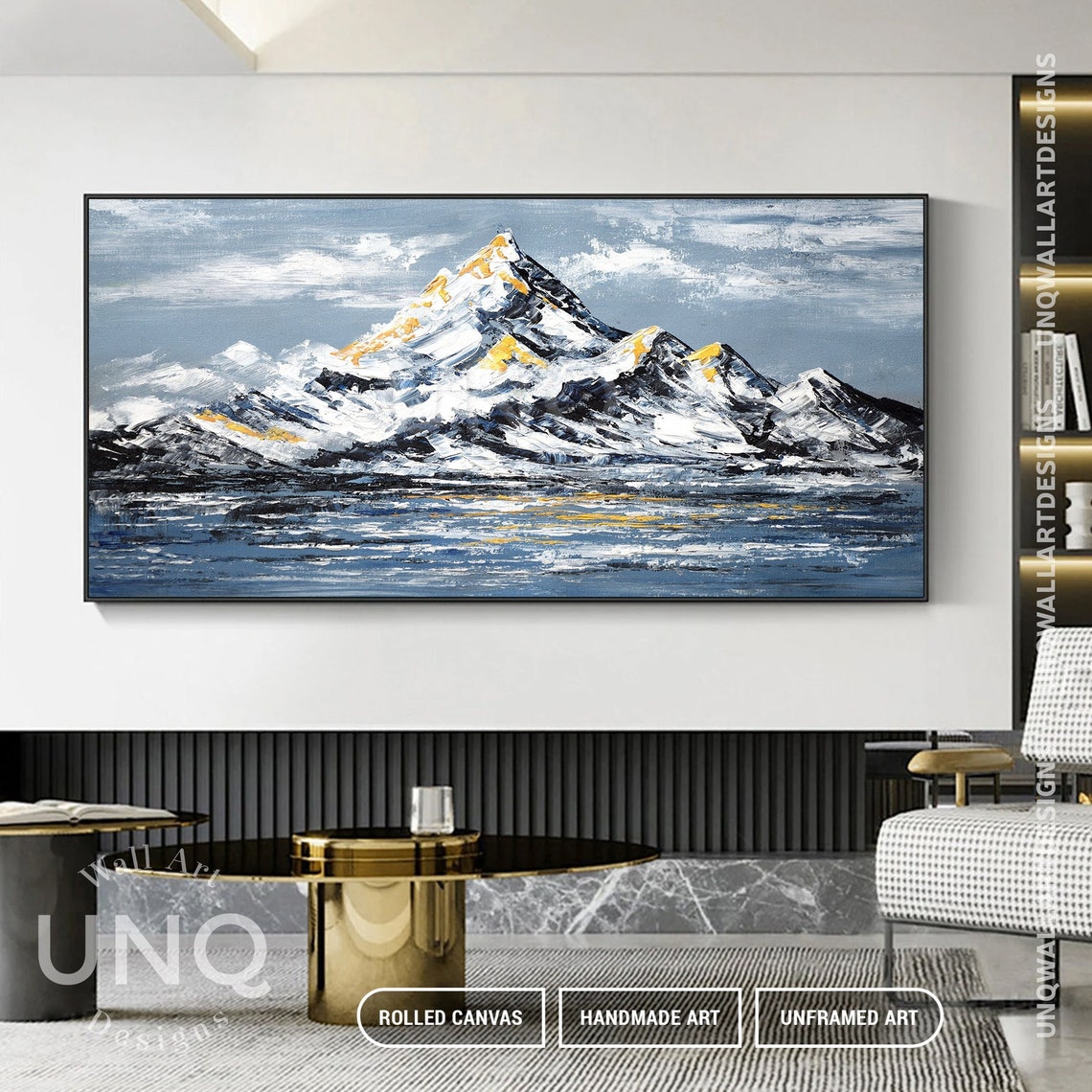 Golden Snow Mountain Over Lake Winter Landscape Gold Leaf Art Poster - Image 4