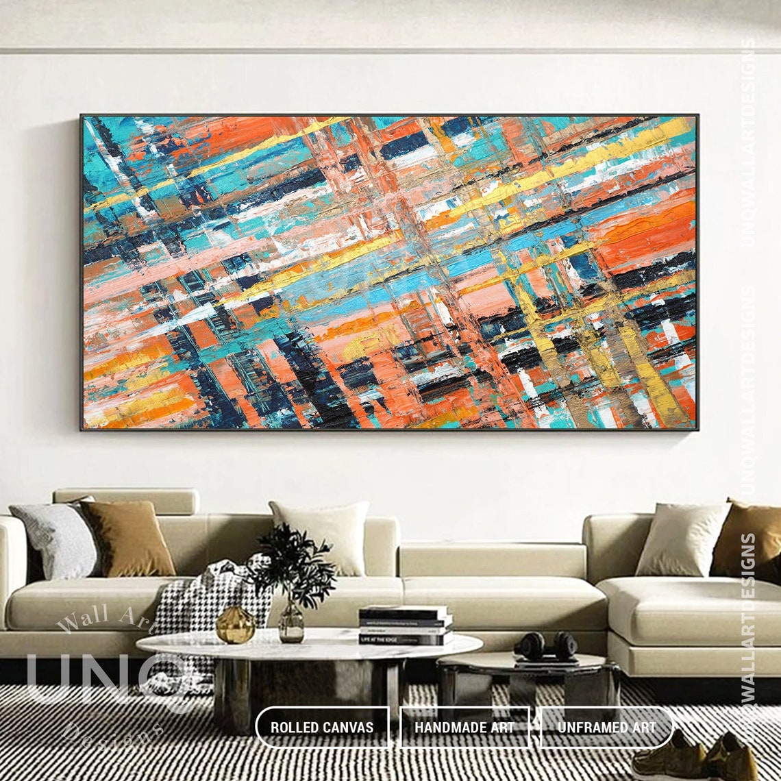 Orange Teal And Navy Diagonal Lines Colorful Modern Boho Art Poster - Image 5