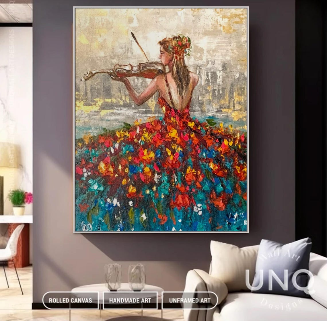 Preety Woman Painting With Voilin Beautiful Music Girl Wall Art Extra Large Wall Art Colorful Abstract Wall Decoration - Image 4