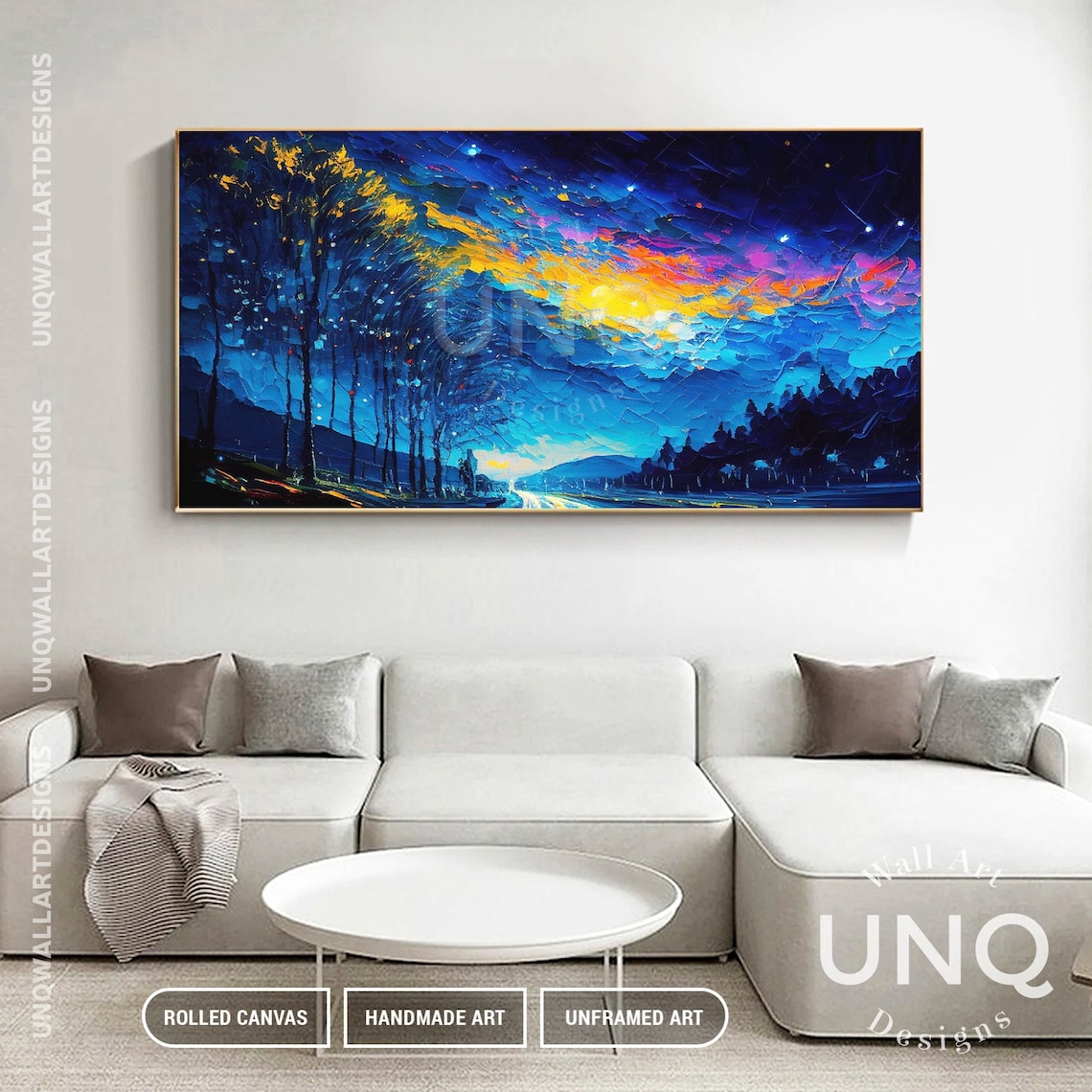 Starry Night Forest Road Impasto Landscape Painting Blue Gold Poster - Image 3