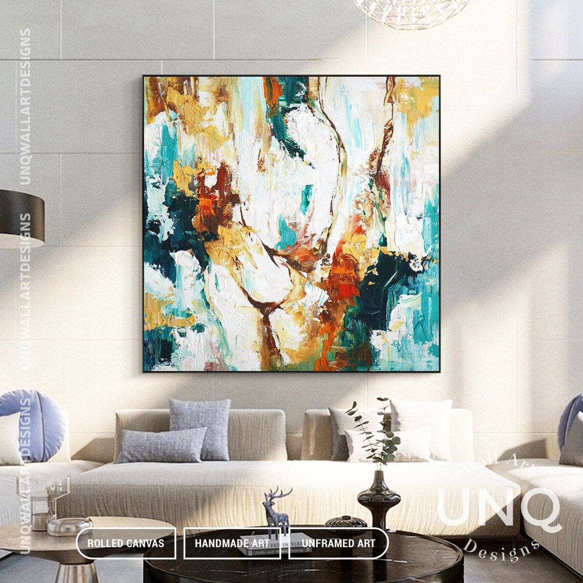Teal White And Gold Floral Impasto Modern Abstract Oil Painting Poster - Image 5