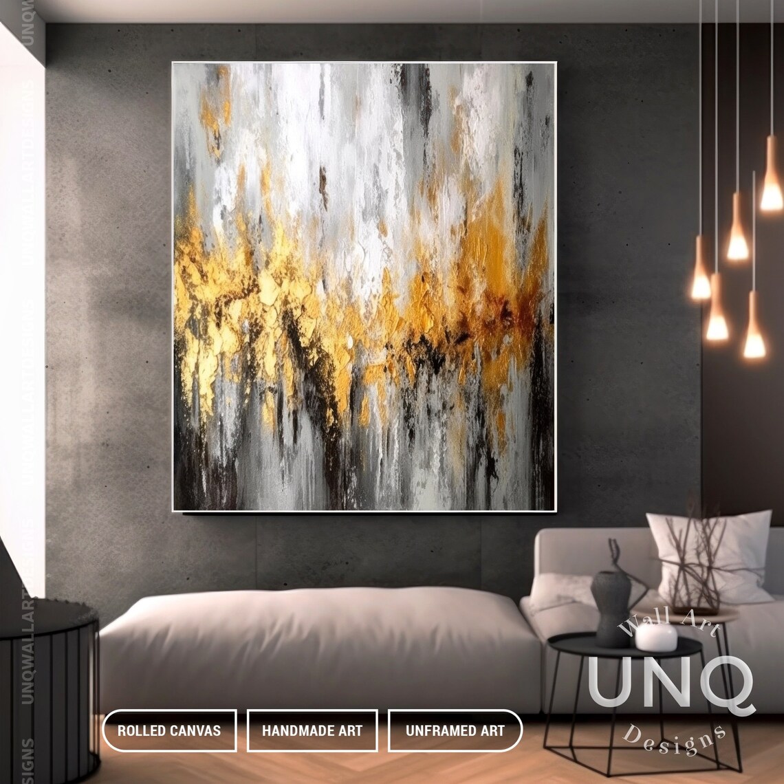 Abstract Modern Art Print, Grey Gold Foil Texture - Image 2
