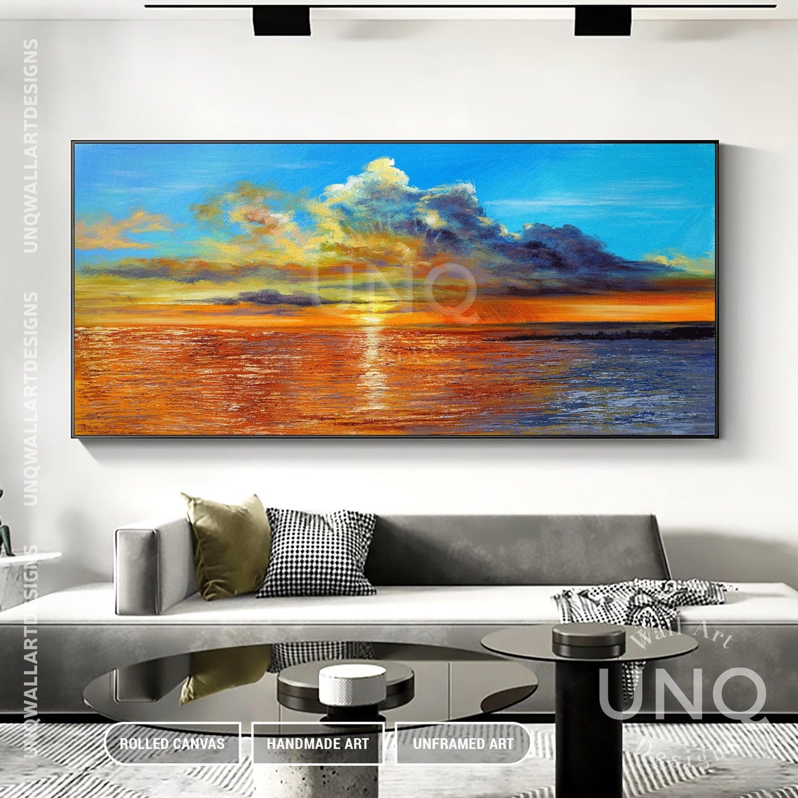 Golden Ocean Sunset Over Sea Dramatic Clouds Impasto Painting Poster - Image 3