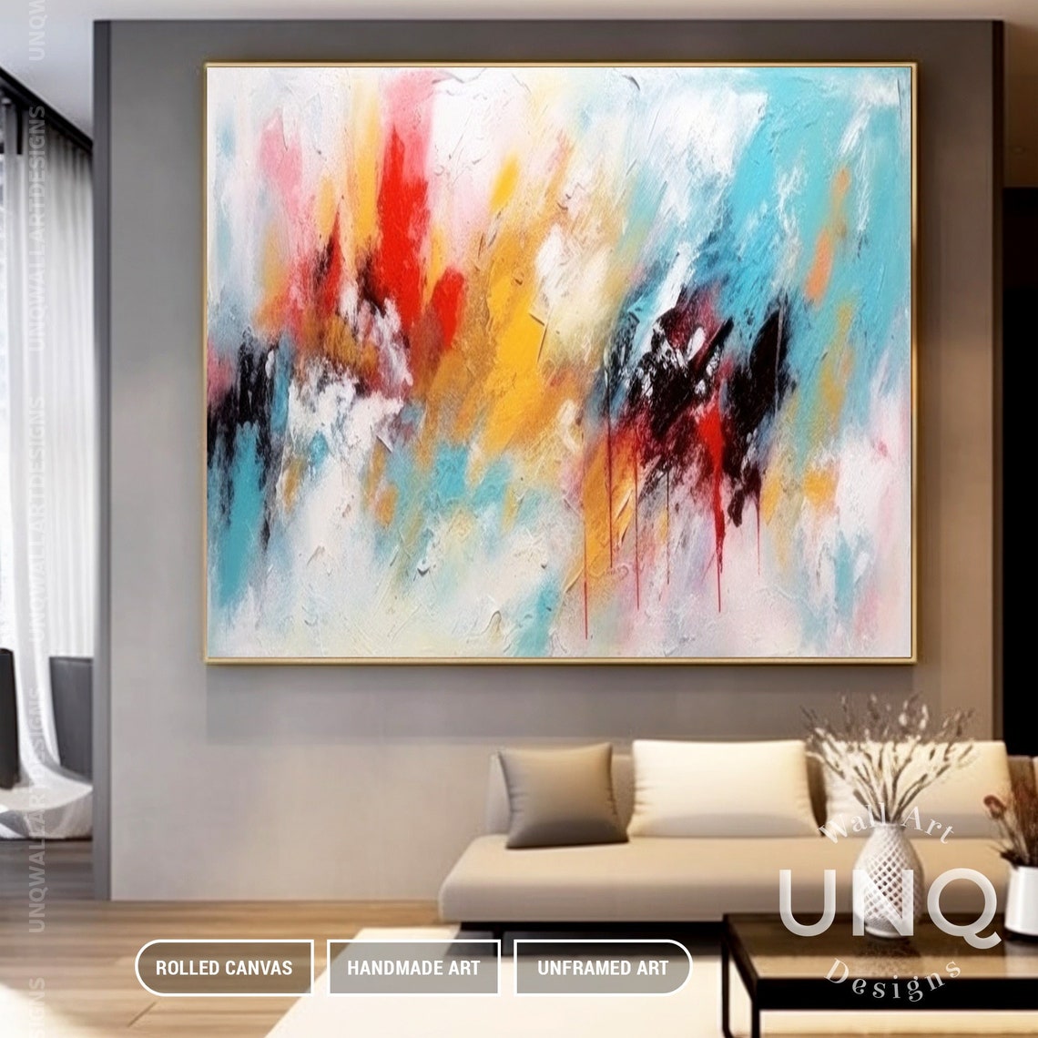 Red Blue And Gold Brushstroke Abstract Painting Vibrant Modern Poster - Image 2