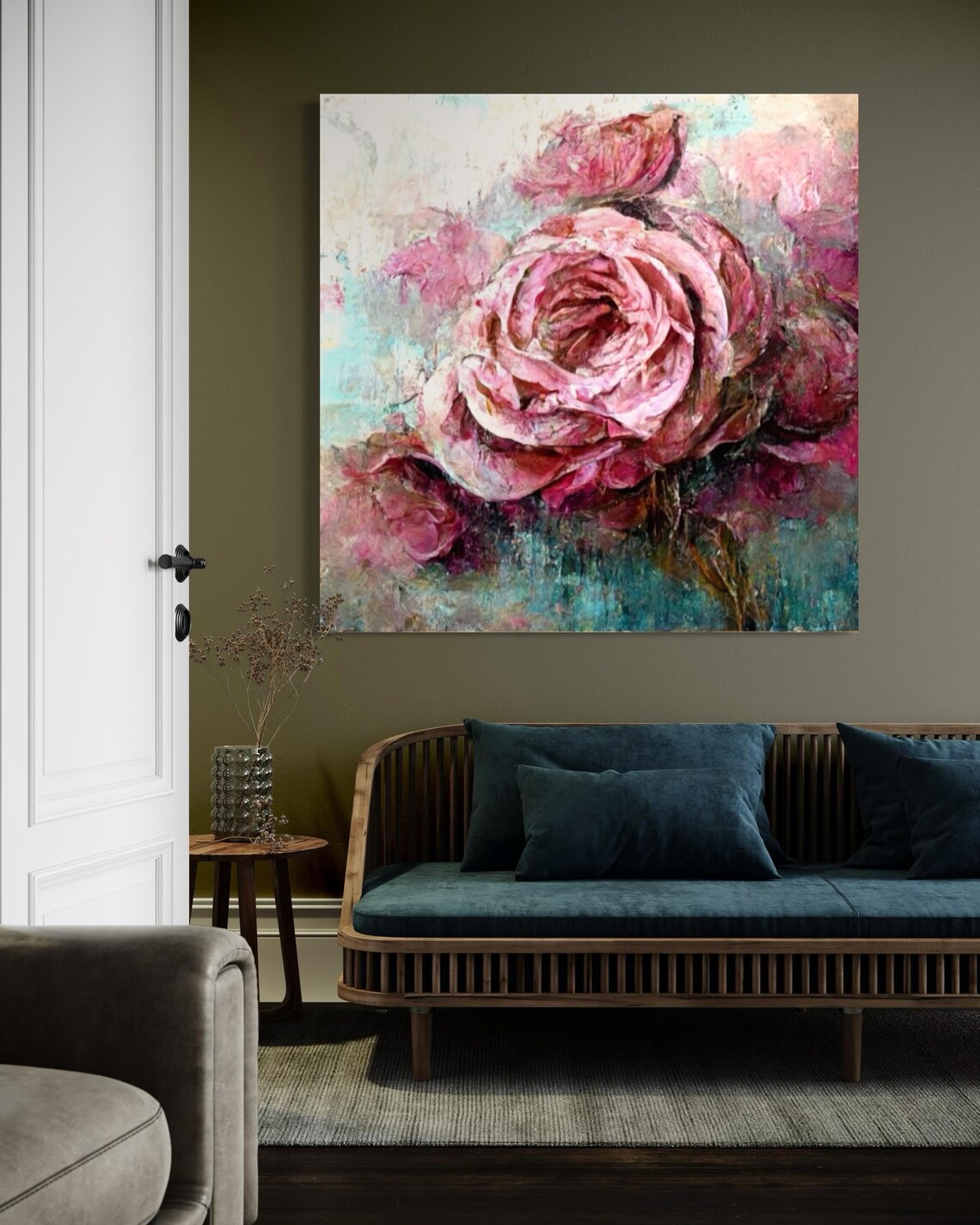 Pink Roses On Teal Grey Textured Floral Oil Painting Art Poster - Image 2