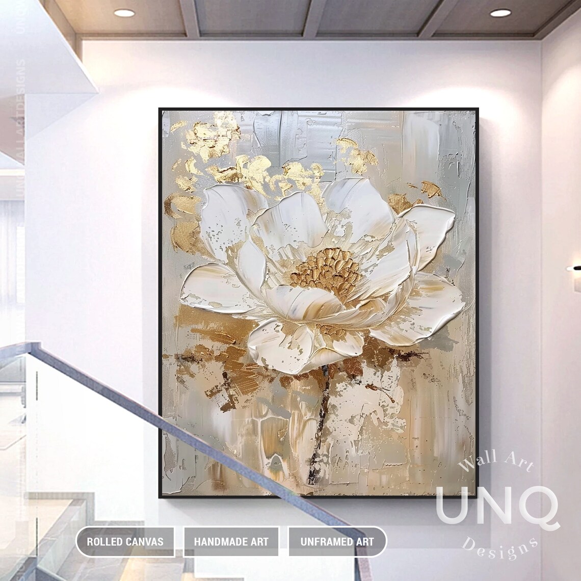 Luxury Golden Flower Wall Art 3d Heavy Floral Painting On Large Bohemian Custom Flower Room Art Trendy Wall Gift For Her - Image 2
