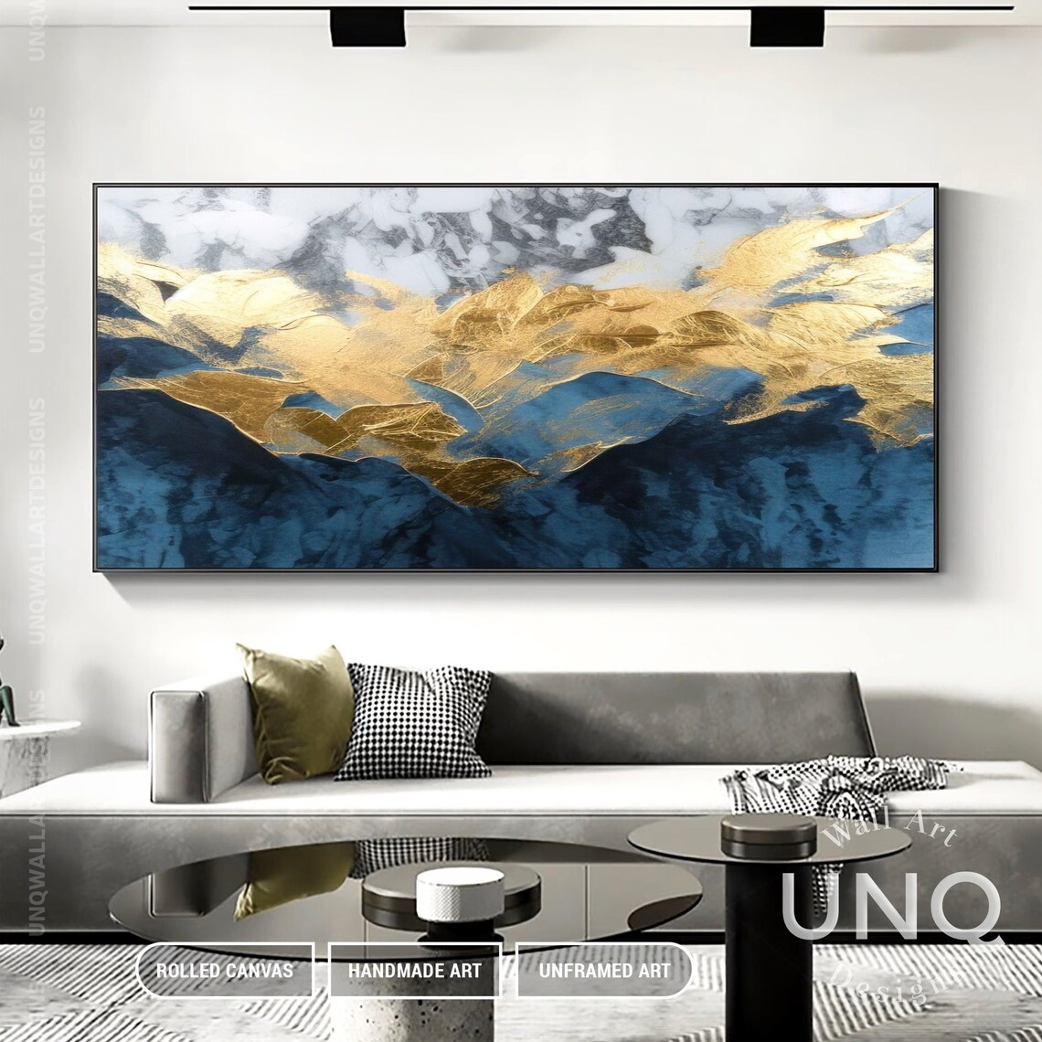 Blue Gold Leaf Abstract Art, Grey Gold Texture Print - Image 4