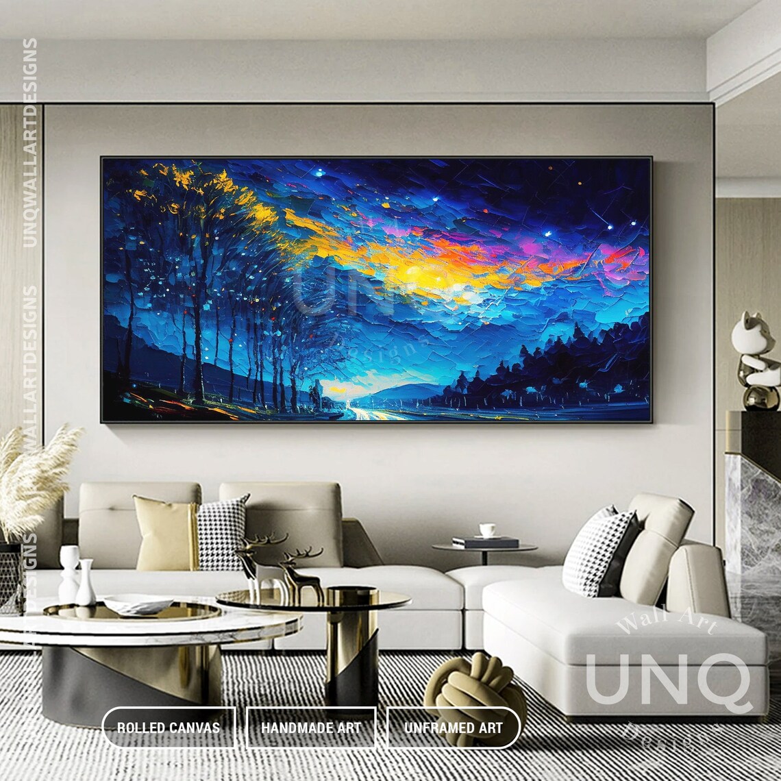 Abstract Tree With Blue Sparkle Sky Oil Painting Night Sky Landscape Acrylic Art Beautiful Night Landscape Artwork Impressionism Decor - Image 2