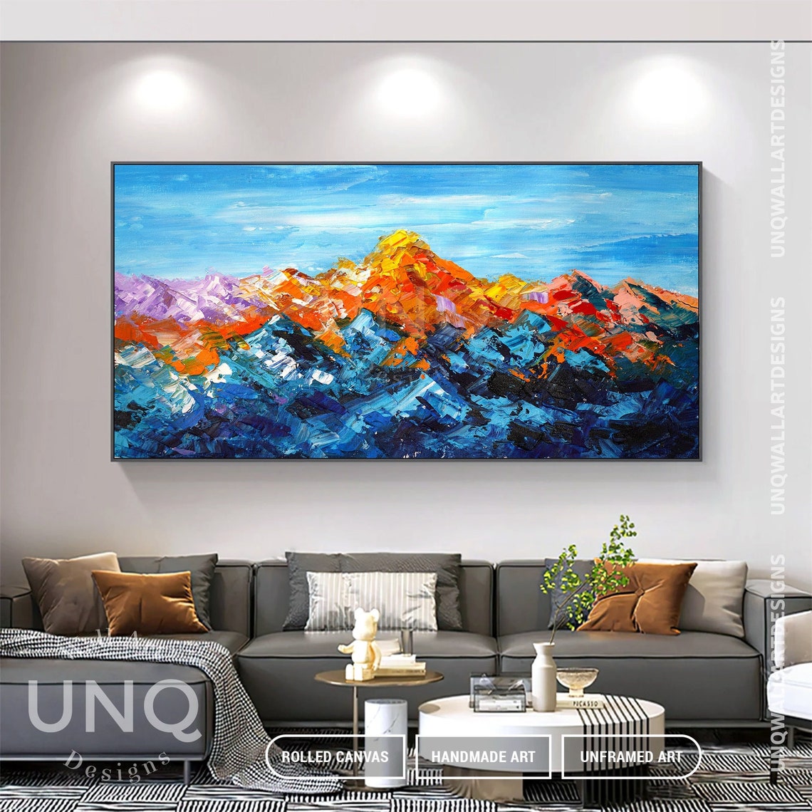 Large Original Abstract Colorful Mountain Oil Painting On Textured Mountain Landscape Artwork Original Gold Blue Mountain Art - Image 7