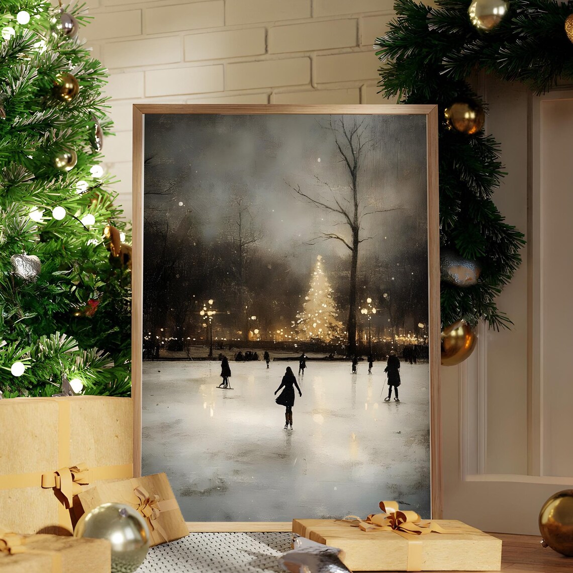 Night Ice Skating Rink With Christmas Tree Vintage Art Poster