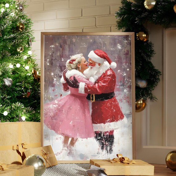 Santa and Mrs Claus Dancing in the Snow Vintage Christmas Poster