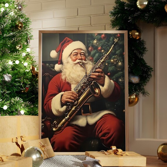 Santa Playing Saxophone By Christmas Tree Cozy Holiday Art Poster