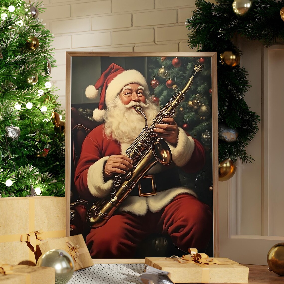 Santa Playing Saxophone By Christmas Tree Cozy Holiday Art Poster