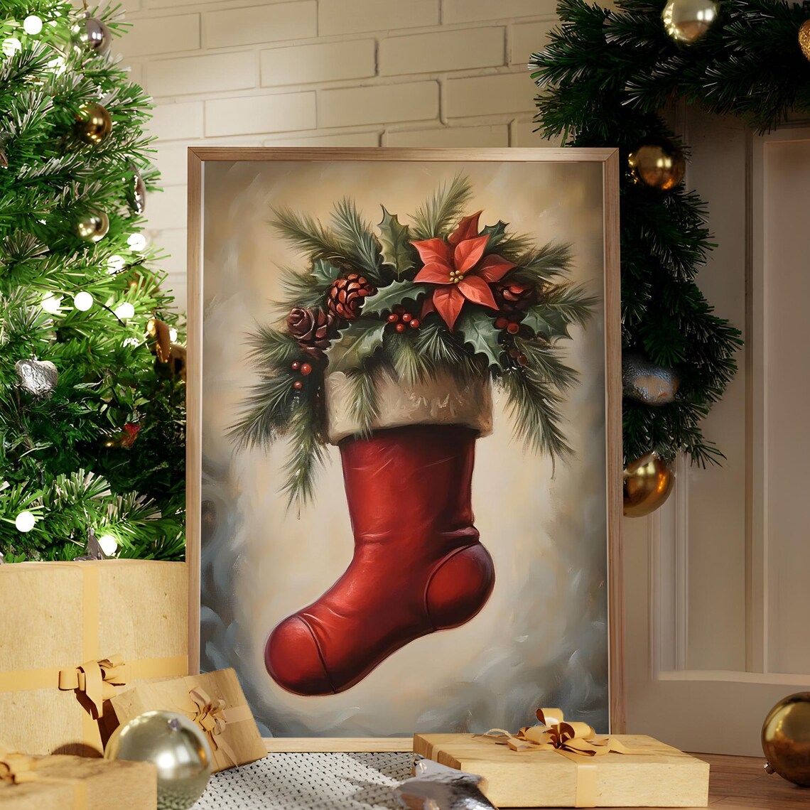 Red Christmas Stocking With Holly Vintage Oil Painting Poster