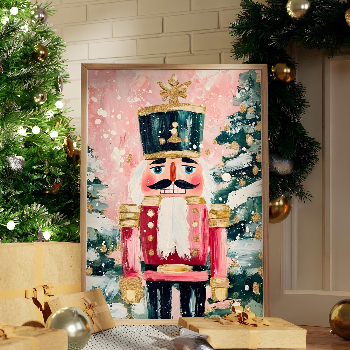 Pink Nutcracker Winter Forest Vintage Christmas Painted Poster