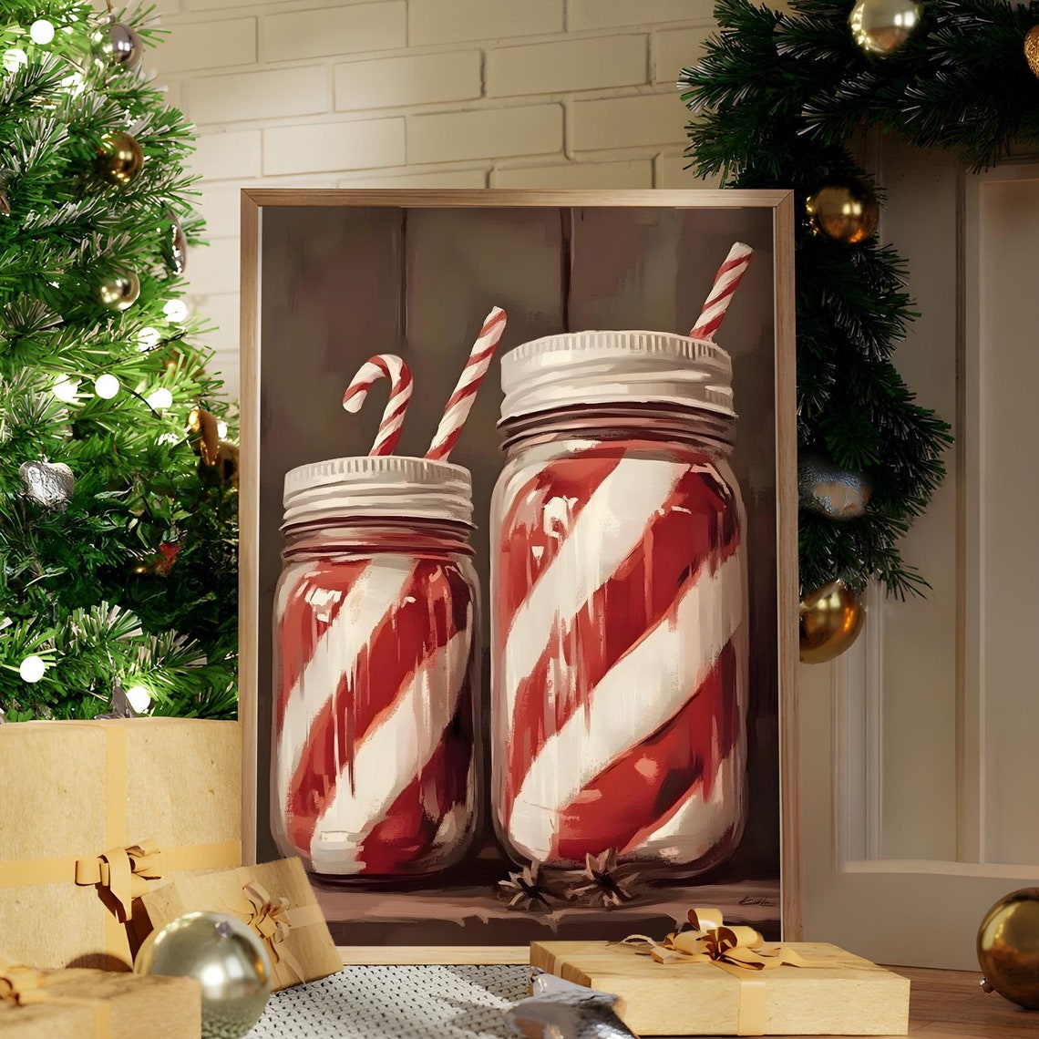 Candy Cane Mason Jars Christmas Kitchen Vintage Style Art Print