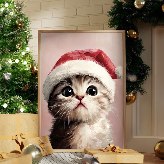 Christmas Kitten Santa Hat Cute Holiday Cat Watercolor Art Poster